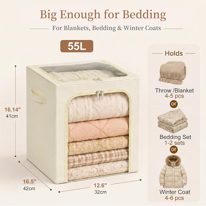GoMaihe Blanket Storage Bins with Metal Frame for Closet, 55L 4-Pack Beige | Clothing Comforters Bedding Winter Coat, Closet Top Shelf, Collapse-Proof Stackable, Clear Window, Dual Access Space Saving