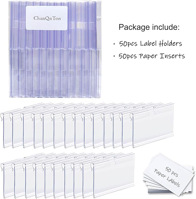 50PCS Basket Bin Labels Clip On,ChanQnTon Clear Plastic Label Holders for Storage Bins, Wire Shelf Price Tags,Merchandise Display Signs,50PCS 6X4CM Paper Inserts Included.