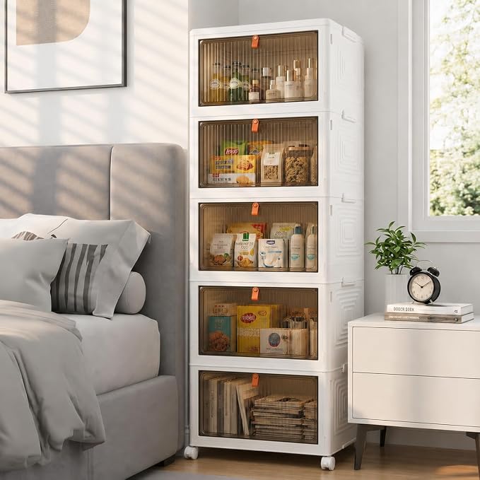 LDQ 170 Qt Large Storage Bins with Lids, 5 Tier Stackable Storage Cabinet with Wheels & Clear Doors, Foldable Plastic Closet Organizer for Bedroom, Bathroom & Kitchen
