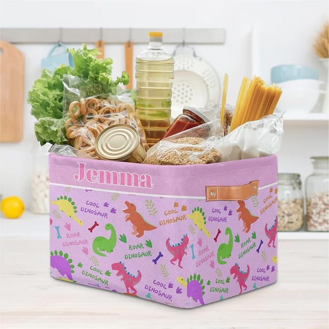 Personalized Dino Storage Basket with Name, Rectangle Toys Storage Bin with Handles for Baby Girls, Collapsible Basket for Clothes, Books, Colorful Dinosaurs with Bone Light Purple Background