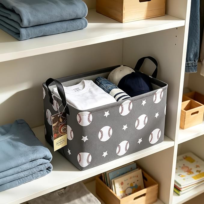 Rectangle Foldable Storage Basket Handles For Home, Grey Baseball | Waterproof canvas material, reinforced handles, perfect for shelf use, organizes clothes, daily items and pet supplies