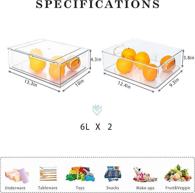 MANO 2Pack Clear Fridge Drawers Pull Out Stackable Refrigerator Drawer Organizer Bins Pantry Storage Box Plastic Food Containers for Kitchen Bathroom Office Closet (X-Large)