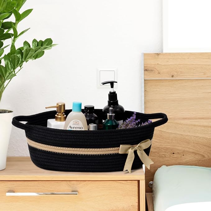 CHICVITA Small Woven Rope Gift Basket, Decorative Boo Basket, Black Brown | 13" x 10" x 5" Storage Baskets for Diapers, Toys & Towels, Fits Nursery, Bedroom & Home Decor, Built-In Handles, Bow Design