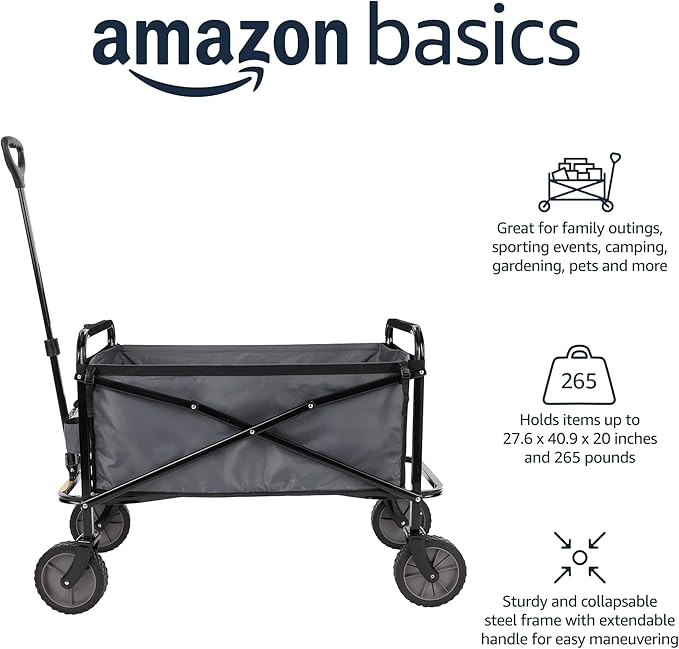 Amazon Basics Collapsible Heavy Duty Utility Wagon for Outdoor Sports, Camping, Garden, and Shopping, 265 Pounds Capacity, 27.6 x 40.9 x 20 inches, Gray
