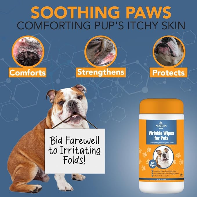 NOVEHA 5”x7” Large Dog Wipes | Wipes for Bulldog, French Bulldog, Pug, English Bulldog | Deodorizing, for Multiple Areas Removes Dirt, Wrinkles, Folds, Tear Stain, Tail Pocket & Paws (3PK-120 Counts)