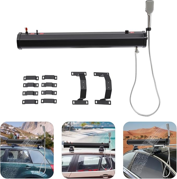 Pressurized Water Tank for Camping, Roof Rack Mount Road Shower with Water Hose & Storage Bag, Portable Off Road Shower Water Storage Tank for Hiking, Car wash, Pet Cleaning