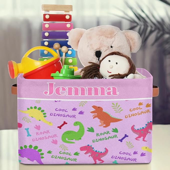 Personalized Dino Storage Basket with Name, Rectangle Toys Storage Bin with Handles for Baby Girls, Collapsible Basket for Clothes, Books, Colorful Dinosaurs with Bone Light Purple Background