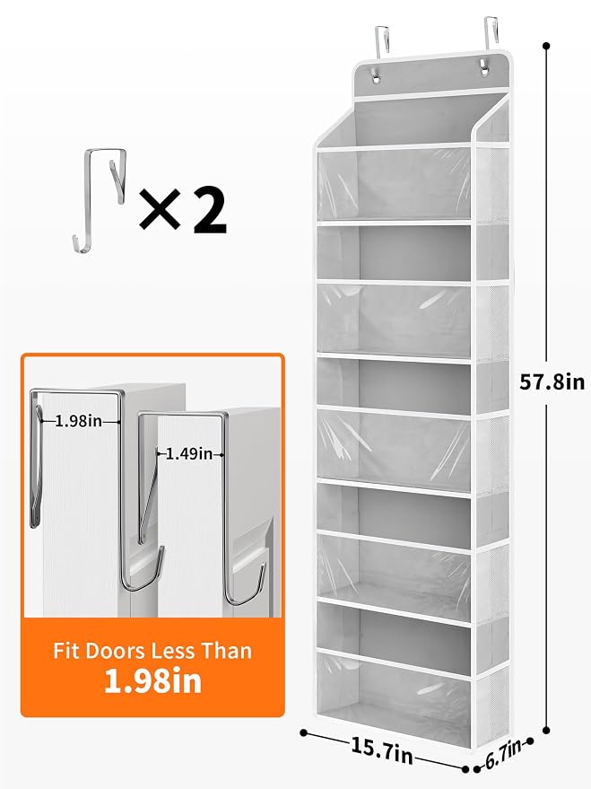 JARLINK Over The Door Toy Storage Organizer w/Clear Window, Light Grey | Anti-Tilt 44 lb Load Capacity, Baby Toy Storage Organizer for Stuffed Animals, Nursery, Kid Bedroom, Newborn Baby Essentials