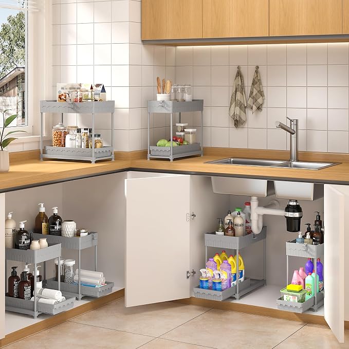 4-Pack 2-Tier Under Sink Organizer with Pull Out Drawers | Multi-use kitchen & bathroom storage. Includes hanging hooks and cups. Gray, space-saving cabinet design. 12.8 Inch