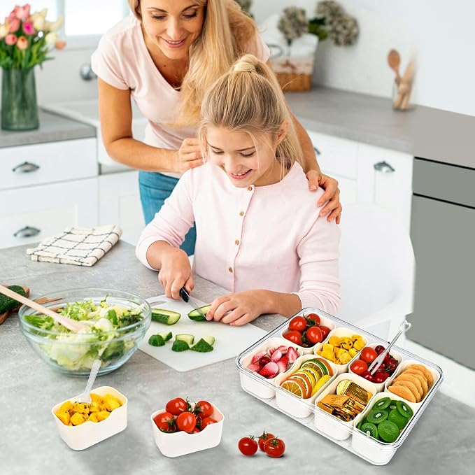 Linn'sCollection (2Pcs) Divided Serving Tray with Lid, Snackle Box Container with Cutlery Storage, 8 Fruit Forks, 2 Spoons, Fruit Tray, Portable Snack Organizer, 8 Compartments Snack Tray With Lid
