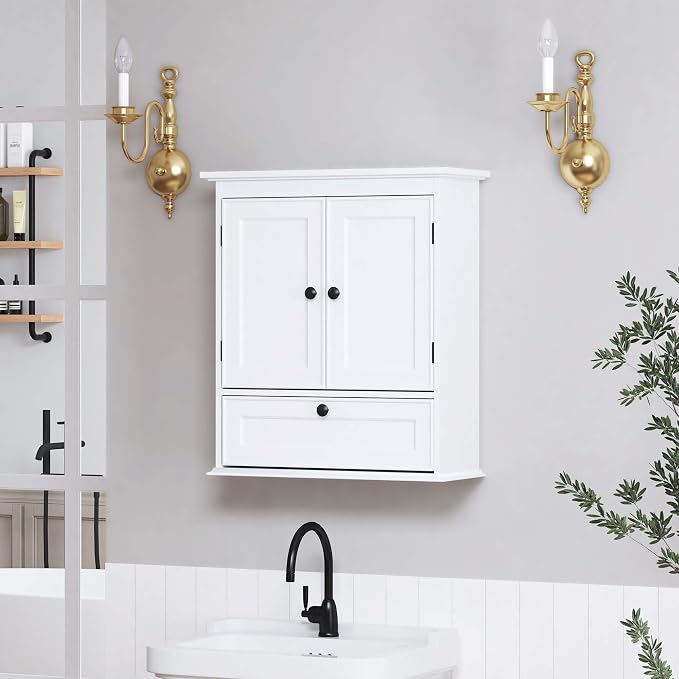 Spirich Bathroom Wall Cabinet, White Medicine Cabinet with Doors | Adjustable Shelf, Lower Tilt-Out Cube, FSC-Certified MDF, Space-Saving Concealed Storage for Toiletries, Towels, or Medicine