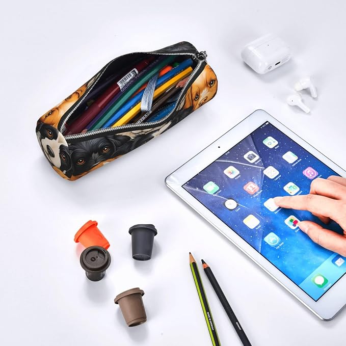 OSAM SPACE Leather Pencil Case Round Pencil Bag Cute Dogs Pen Organizer Holder Portable Zipper Pouch Cute School Supplies for Girls Boys Study Office