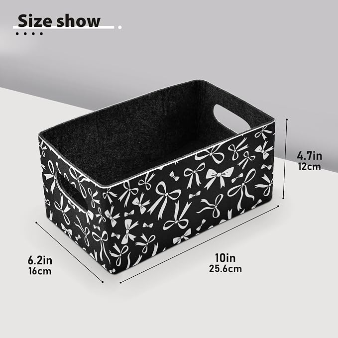 Emelivor Black White Bow Storage Basket Bins Set (2pcs) Felt Foldable Storage Bins with Dual Handles Dog Basket for Pet Books Clothes Closet Cabinet Organise
