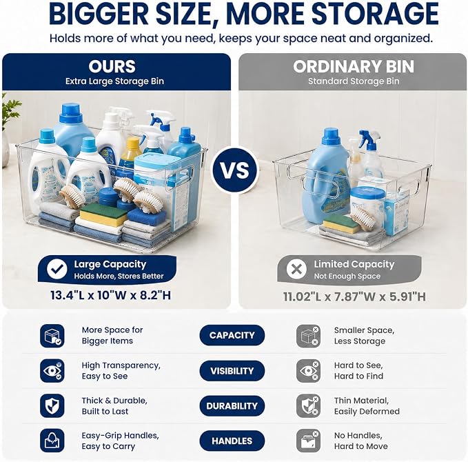 MOONEDGE 6 Pack X-Large Clear Organizer Bins 13x10x8in Storage Containers | Clear Containers for Organizing, Fridge Organizers and Storage, Freezer, Refrigerator, Office Supplies, Craft Room, Laundry