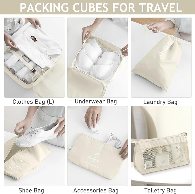 KPX 8 Set Packing Cubes for Travel, Luggage Packing Organizers Accessories Large Toiletries Bag for Clothes Shoes Cosmetics (Beige)