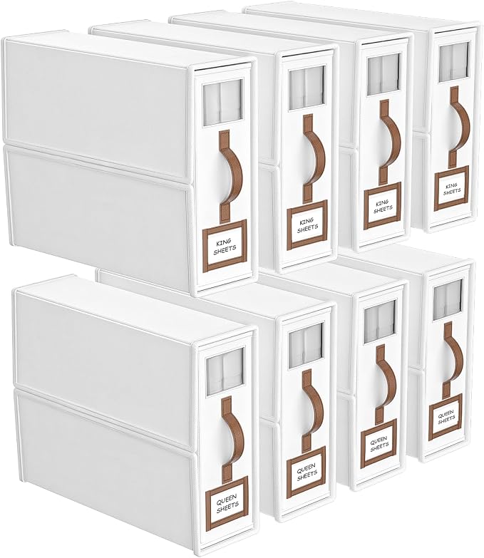 8 Pack Foldable Bed Sheets Set Organizers and Storage(King & Queen Size),Linen Fabric Closet Organizers with Window,Folding Bedding Storage Box for Bedsheets and Pillow Cube Organizer-White