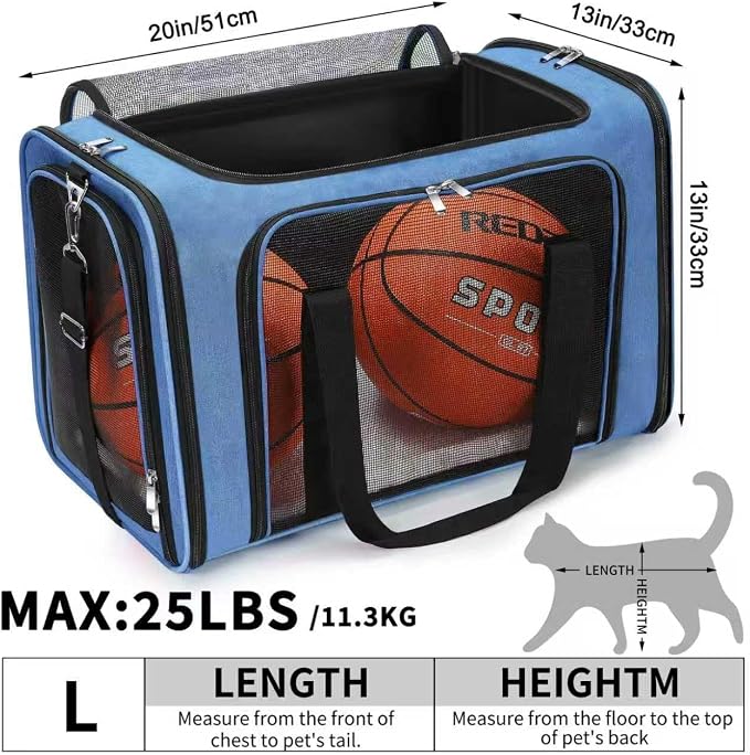 Soft-Sided Cat/Dog/Pet Carrier, Collapsible Pets Travel Carriers | For Big Cats/Small Dogs with Shoulder Strap & Removable Mat, Mesh Puppy Carry Bag, Up to 25 Lbs, TSA Airline Approved (Blue)