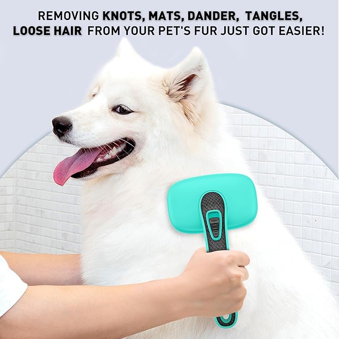Self Cleaning Slicker Brush for Dog, Skin Friendly Shedding & Grooming Tool for Long and Short Haired Dogs and Cats, Easy Clean Retractable Bristles, Green