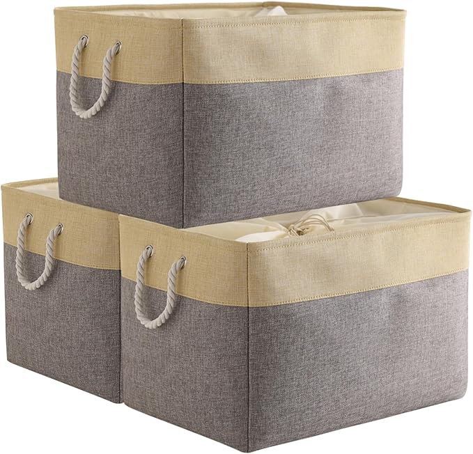Storage Bins Baskets for Organizing - Extra Jumbo 3 Pack 20.5Lx15.7Wx13.8H Sturdy Fabric Storage Basket for Shelves, Decorative Foldable Closet Nursery Toy (Gold&Grey)
