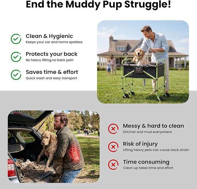 2-in-1 Dog Bathtub and Dog Stroller, Portable Dog Bath and Pet Stroller for Small and Medium Dogs (5-55 lbs) and Cats, Four-Wheel Bathing Cart with Brake Green