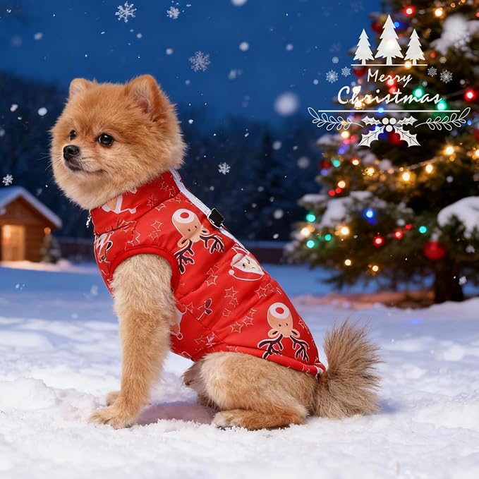 Idepet Pet Dog Cat Coat with Leash Anchor Color Patchwork Padded Puppy Vest Jacket Teddy Chihuahua Costumes Pug Cloth XS S M L(X-Small,Red-Santa&Reindeer)