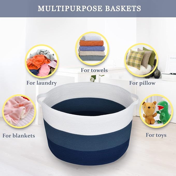 Large Cotton Rope Blanket Basket, 87L Laundry Hamper, White & Blue