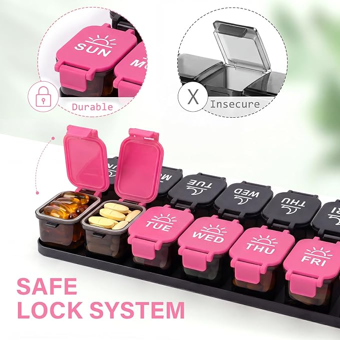 Yaklim Extra Large Weekly Pill Organizer, Detachable 7 Day AM PM Pill Box | XXL 14 Detachable AM PM Compartments；For Big Vitamins & Supplements； Easy to Open & Fill； Waterproof Seals； Easy Readability