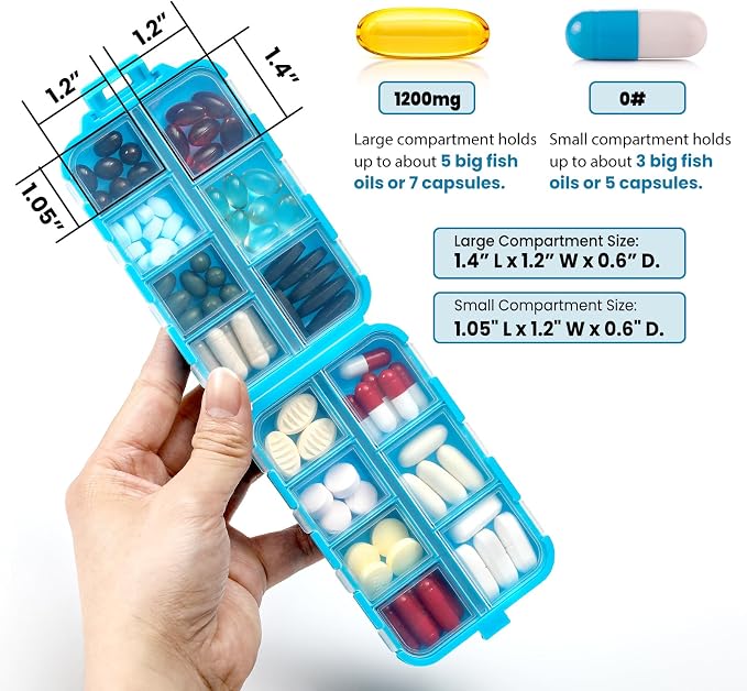14 GRIDS Travel Pill Organizer Box with Labels - Travel Medicine Case Kit - Pocket Daily Pharmacy Container - Travel Medication Holder Dispenser for Fish Oil Vitamin Supplement Storage - Blue
