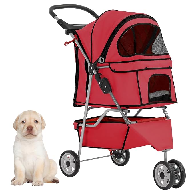 Stroller for Pet Stroller Dog Cat Jogger Stroller for Medium Small Dogs Cats Folding Lightweight Travel Stroller with Cup Holder，Red