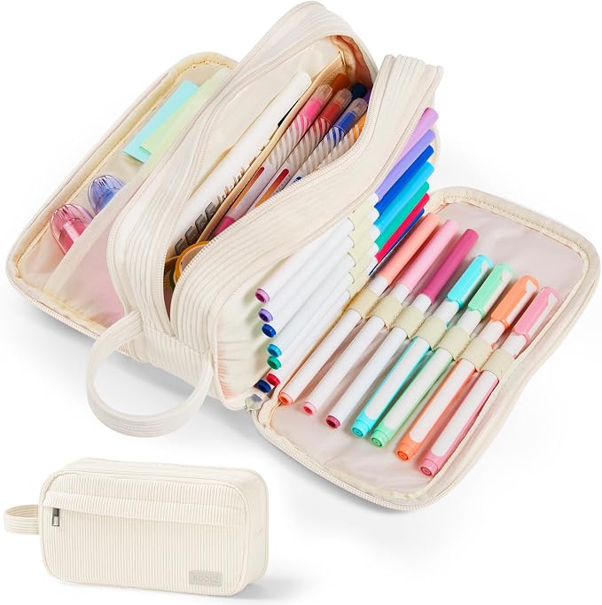 Sooez High Capacity Pencil Case, Soft Corduroy Pencil Pouch | Large Pencil Bag with 4 Compartments, Sturdy Zipper, Cute Pencil Case Pouch Organizer for Student Teen Girls, Beige