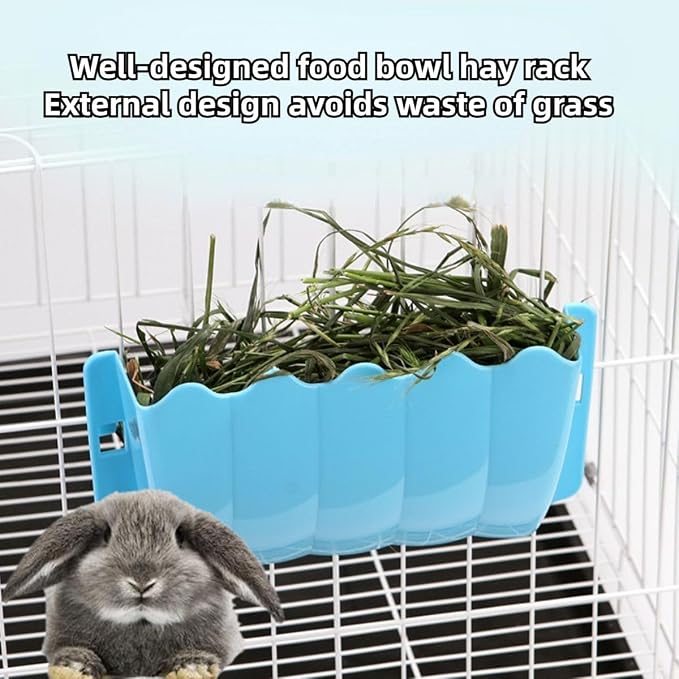 Rabbit Hanging Hay Feeder Rack Guinea Pig Mess-Free Dispenser Hay Bowl Manger Rack Wall-Mounted for Small Pets Rat Chinchilla Ferret Squirrel Cage Accessories (Blue)