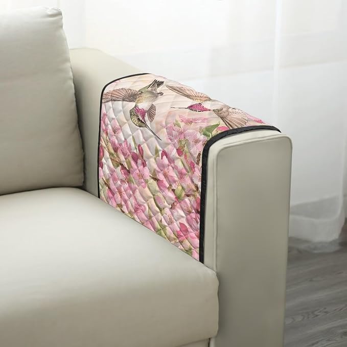 Hummingbird Cherry Blossom Chair Arm Protectors with 2 Pockets Stretch Couch Armrest Cover,Arm Rest Covers for Sofa,Dustproof Soft Armchair Covers for Arms Wasahble Sofa Arm Slipcover
