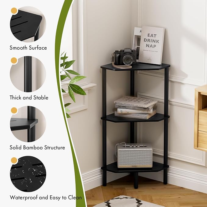 Black Corner Bathroom Shelf, 3 Tier Bamboo Kitchen Corner Shelves, Display Shelf, Shower Corner Caddy, Indoor Plant Stand Balcony, Freestanding Storage Organizer Stand for Living Room, Small Spaces
