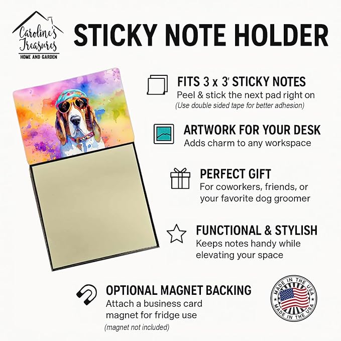 Caroline's Treasures Basset Hound Hippie Dawg Sticky Note Holder Refillable Dispenser Self-Sticky Note Pads, Memo Pads Blank Desk Accessories