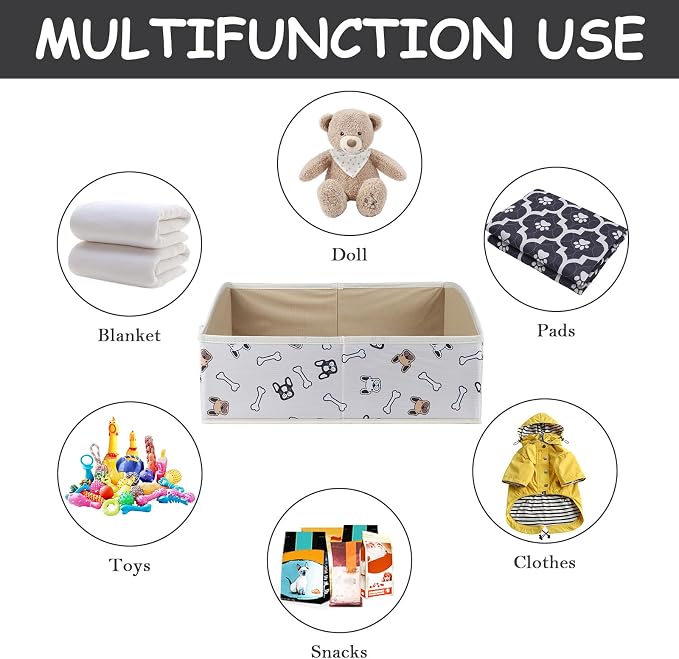Geyecete Foldable Dog Toy Organizer Boxes - Cloth+Cardboard Trapezoid Storage Box with Handle, Basket for Toys (Beige Dog Head Print)