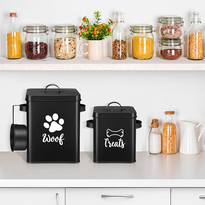 Teenyyou 2 Pcs Metal Dog Treat Containers with Airtight Lids and Spoon 7+3 Lbs Dog Food Snack Jars with DIY Labels Big Pet Cookie Storage Jar for Kitchen Counter(Black)