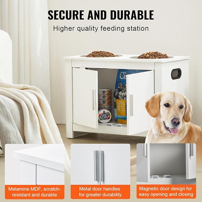 VEVOR Elevated Pet Bowls with Storage Cabinet, Feeding Station with 2 Raised Bowls, Wooden Stand with Handles & Magnetic Doors, Pet Feeder & Toy Organizer, White