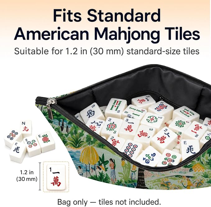 Green Summer Tropical Beach Empty Mahjong Tile Bag 13x7.8 Inch | Palm Tree Printed Portable Travel Case Organizer Zipper Pouch for American Mahjong Tiles Game Night Accessories and Gifts