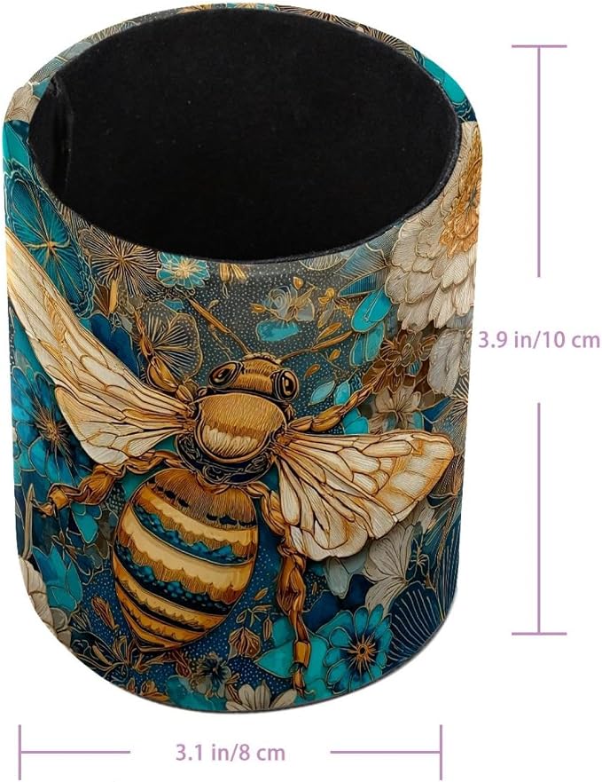 Faux Leather Pen Holder for Desk, Pencil Organizer Cute Bee Pen Cup Desk Decor Makeup Brush Holder Storage for Office Home