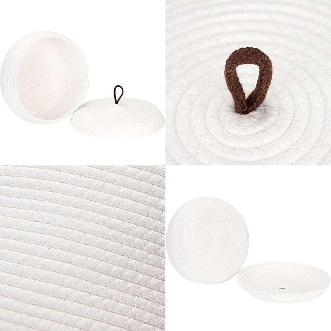 Sea Team Round Woven Cotton Rope Storage Basket with Lid, White | Lidded Knitted Decorative Storage Bin, Pot, Caddy, Organizer, Container for Snacks, Towels, Plants, 13 x 5.5 Inches