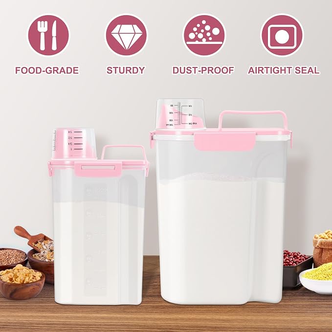 TBMax 2 Pack Airtight Rice Container 5 Lbs +10 Lbs, Cereal Container Oatmeal Storage with Easy-pouring Spout & Handy Cup for Flour Grain Beans, Pet Dog Cat Bird Food Storage Dispenser -Pink