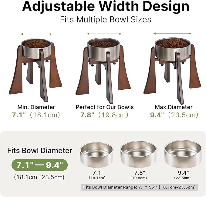 Solid Wood Elevated Dog Bowl Stand Set with Stainless Steel Bowl, 12-Inch | Raised Feeder with Adjustable Width Fits 6.3-7.8 Inch Dog Food Water Bowls, Non-Slip Base for Medium and Senior Dogs