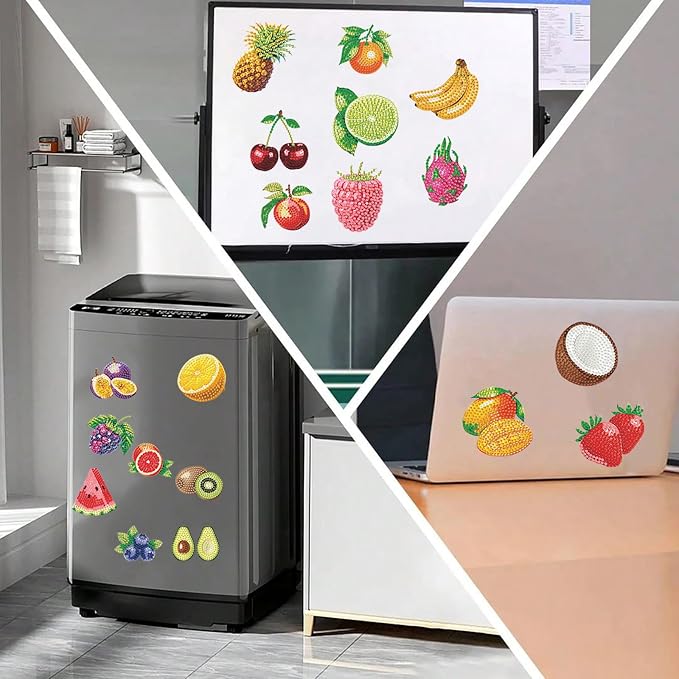 FRANDEK 20pcs Fruit 2D Flat Acrylic DIY Diamond Art Fridge Magnets | 20pc 2D flat acrylic DIY Diamond Art Fridge Magnets; magnetic food-inspired decor; kit includes rhinestones, tools; easy DIY