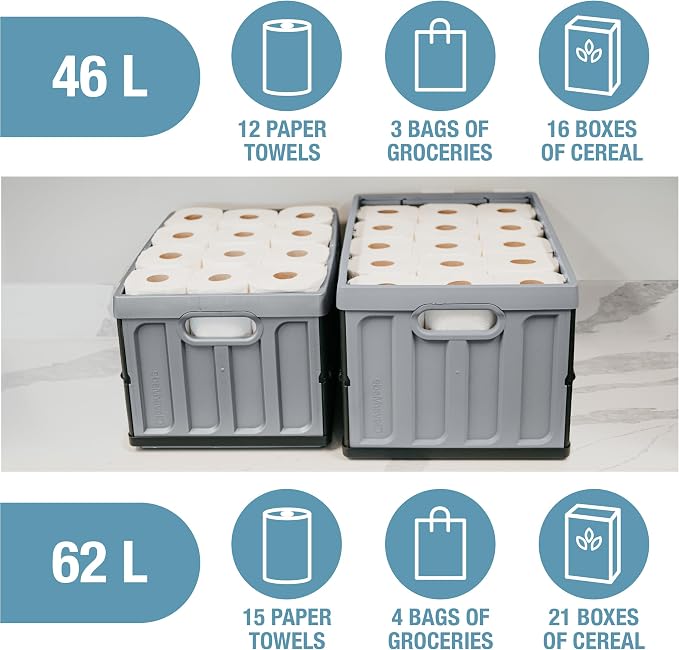 CleverMade Collapsible Storage Bins (With Lids), 62L, 3 Pack - Obsidian | Store Bigger Loads Under a Secure Lid | Each Bin Holds 100 lb, Stacks Neatly, and Folds to 2.5 Inches When Empty