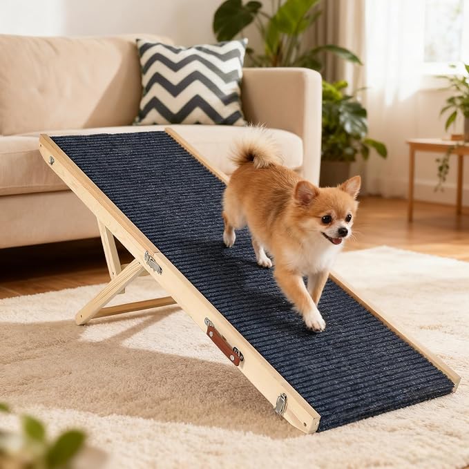 Foldable Dog Ramp for Bed and Couch, Portable Pet Ramp for Easy Storage | Adjustable Height with Leather Handle, Perfect for Small Dogs and Cats, 5 Adjustable Height, Portable 47.24'' Long