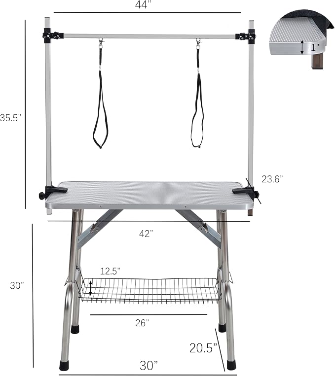 42" Pet Dog Grooming Table, Foldable Stainless Steel Frame Pet Drying Grooming Table Up to 330lbs, Professional Bathing Desk for Dogs at Home with Adjustable Overhead Arms, Noose, Mesh Tray, Silvery