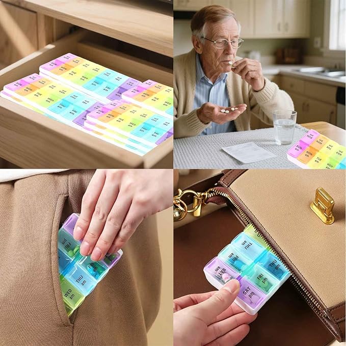 Travel Daily Large Pill Organizer, Weekly Portable Pill Dispenser | Daily Pill Case Box Holder, Elder Medication Planner for Vitamin, Medicine, Fish Oil, Supplements, 14 Compartment, Colorful