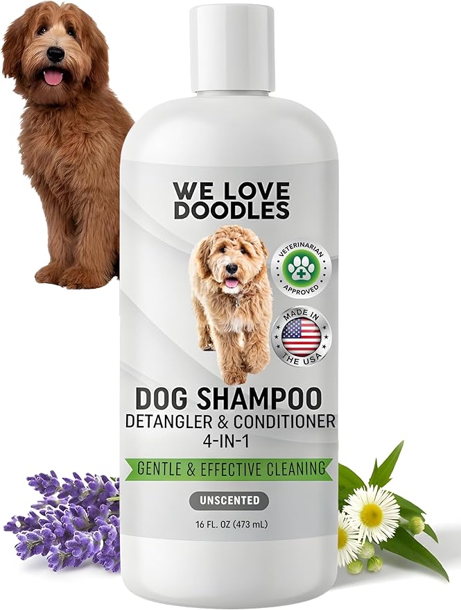 We Love Doodles Dog Shampoo, Conditioner, & Detangler - Shampoo for Dogs, Goldendoodles, Poodles & Doodles, for Matted Pet Hair & Sensitive Skin, Made in The USA, Unscented, 16 oz