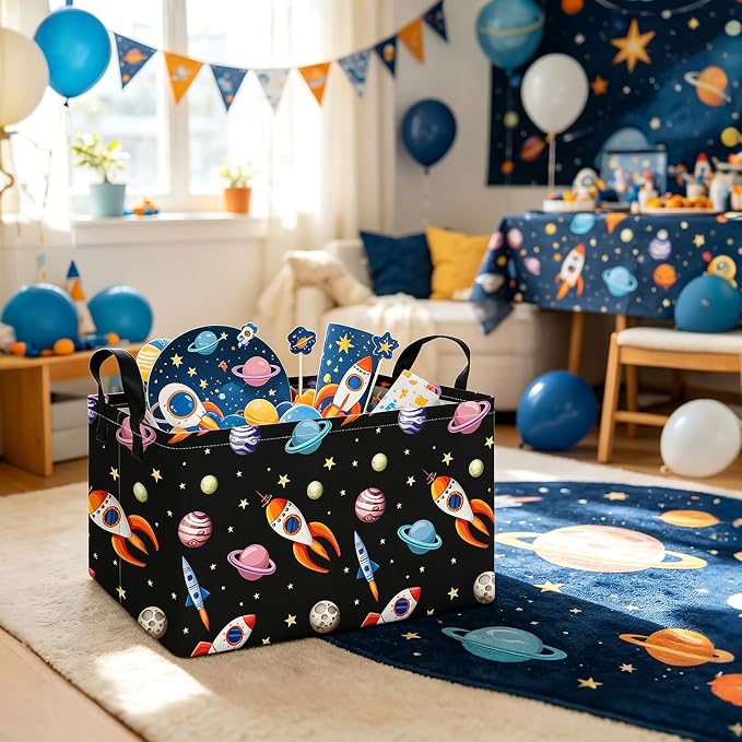 Rectangular Space Planet Rocket Storage Bin Boys Toy Organizer | Laundry Hamper Foldable Canvas with Handles for Organizing Home Kitchen Children Toys Office Closet Shelf Baskets