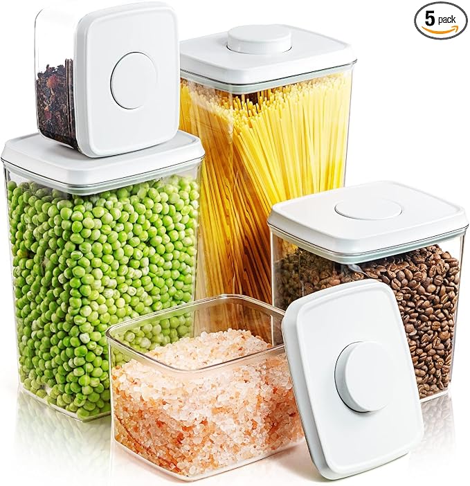 Airtight Pantry Storage Containers, 5 Pack, 0.6-3.5 Qt, Pop-Top | Clear Stackable Kitchen Canisters for Flour, Sugar, Cereal, Rice, Pasta, Coffee and Snacks with Visible Measurement Markings